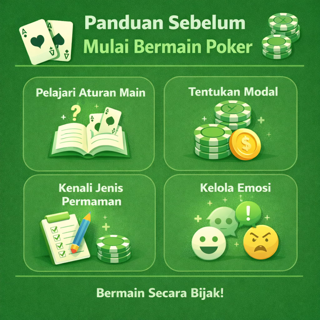 Panduan sebelum mulai bermain poker: pahami aturan, posisi meja, nilai kartu, dan etika bermain. Siapkan strategi dasar dan kontrol modal sejak awal.